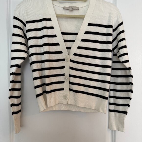 LOFT - Striped V-Neck Cardigan - Size Petite Medium - Picture 4 of 8